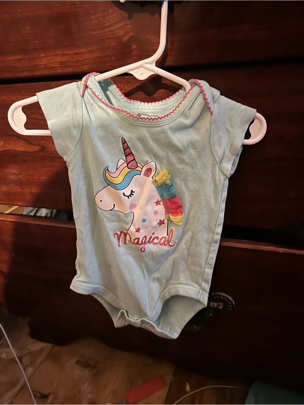 Baby Short-Sleeve One-Piece Bodysuit in Light Blue with Pink Trim